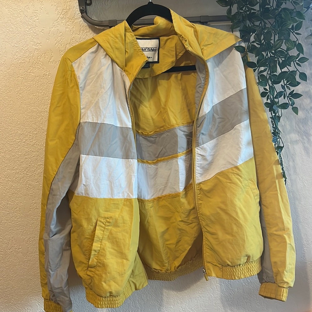 Yellow with white and grey stripe, thrifted